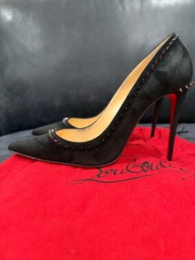 Christian Louboutin Black Suede Red-Sole Studded Pointed Pumps 100mm